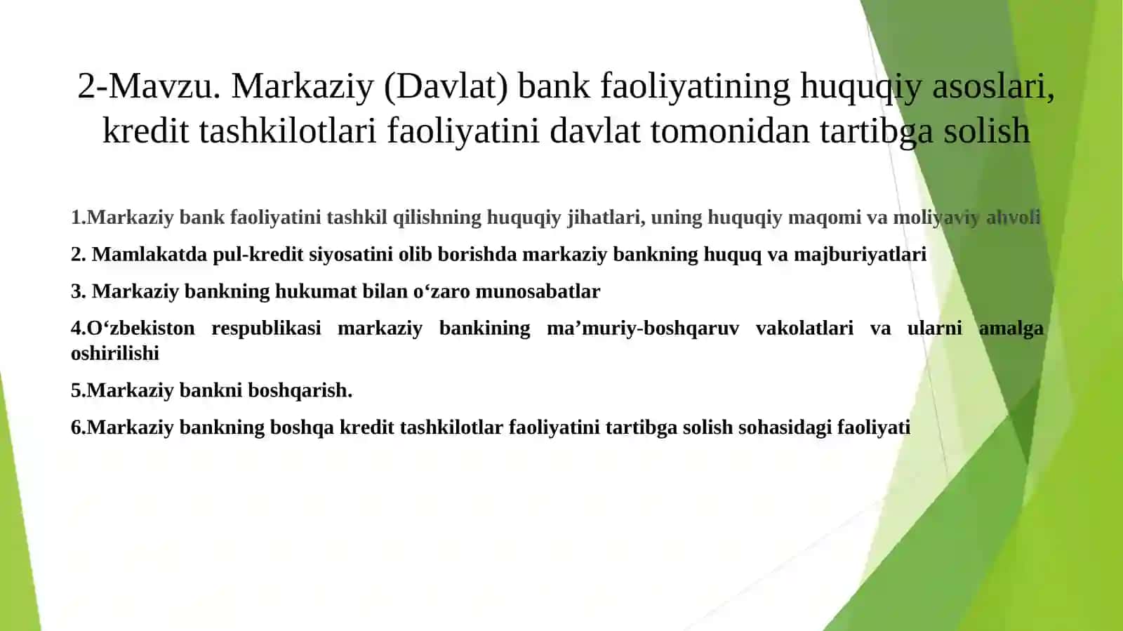 Markaziy (Davlat) bank faoliyatining huquqiy asoslari, kredit tashkilotlari faoliyatini davlat tomonidan tartibga solish 2