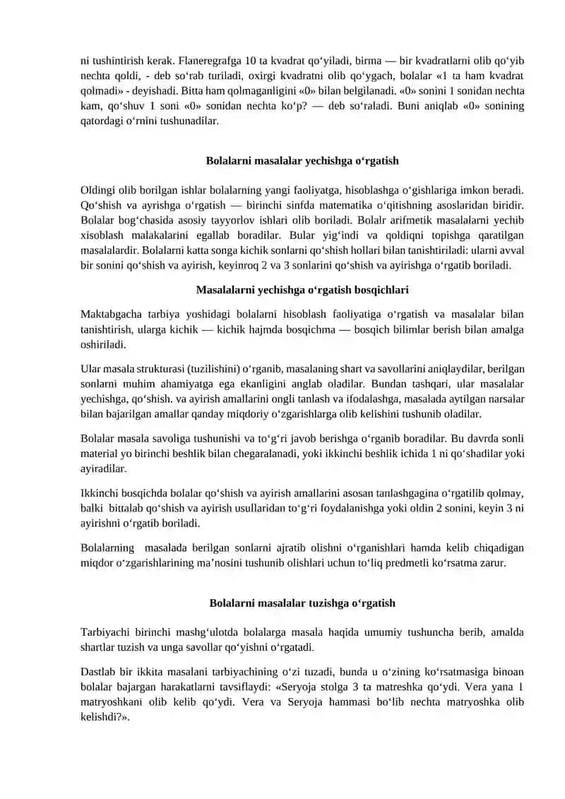 Ma’ruza: Arifmetik Misollarni Yechish Boshlang‘ich Maktabda Matematika Fanini O‘rganishga Tayyorlash 2
