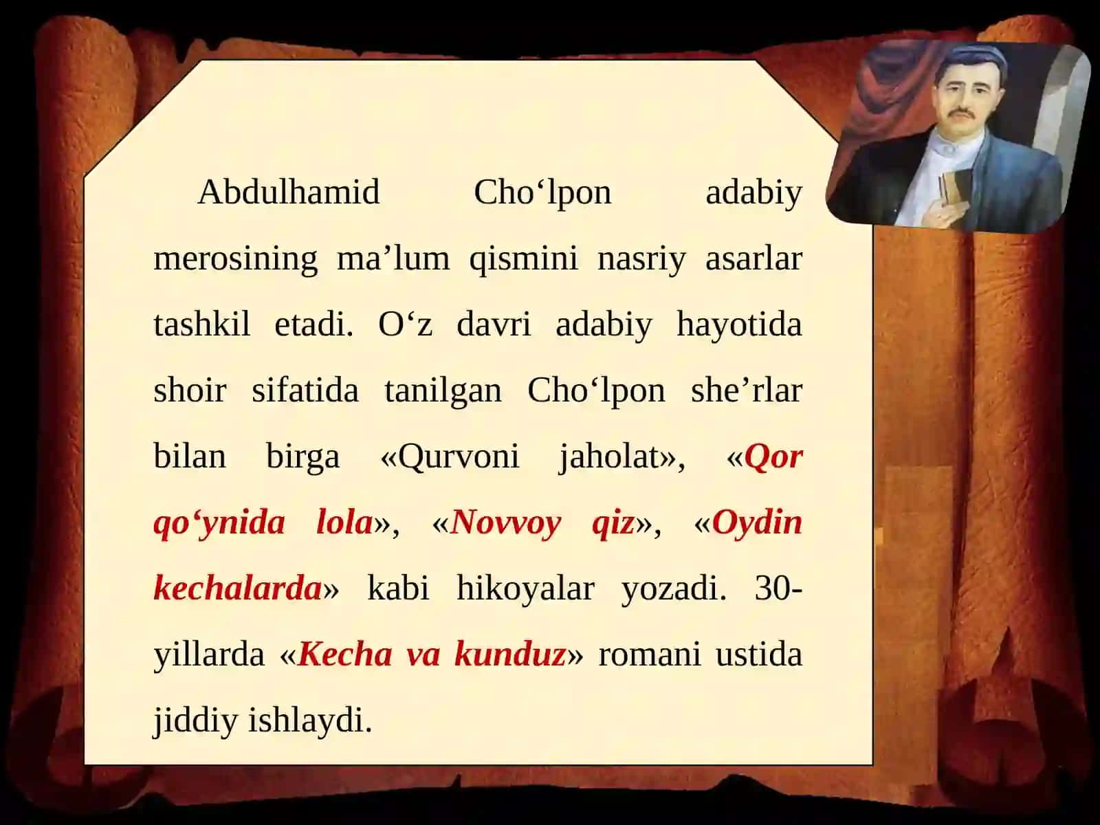11-sinf Adabiyot fanidan Cho'lpon - Kecha va kunduz romani dars taqdimoti 2