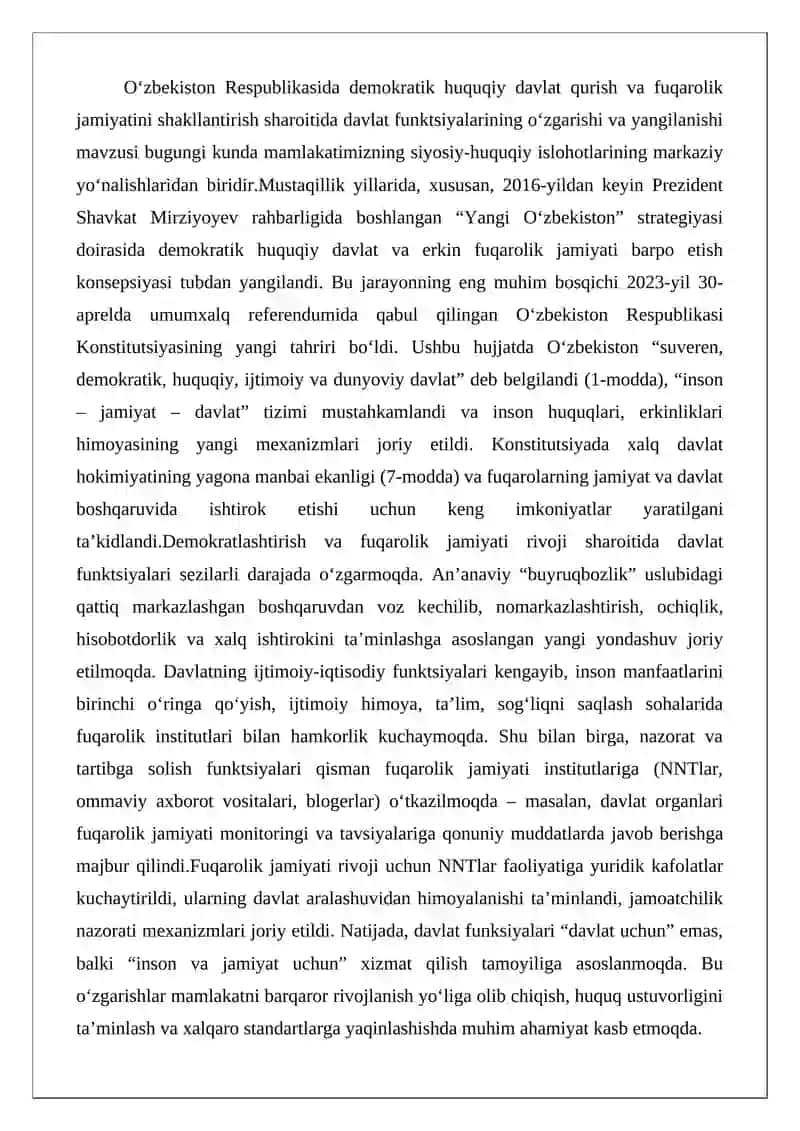 O‘zbekiston Respublikasida demokratik huquqiy davlat qurish va fuqarolik jamiyatini shakllantirish sharoitida davlat funktsiyalarining o‘zgarishi va yangilanishi 2