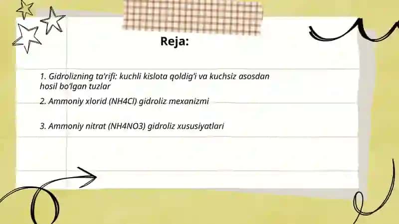 Kuchli kislota qoldig’i va kuchsiz asosdan hosil bo’lgan tuzlarning gidrolizi 2
