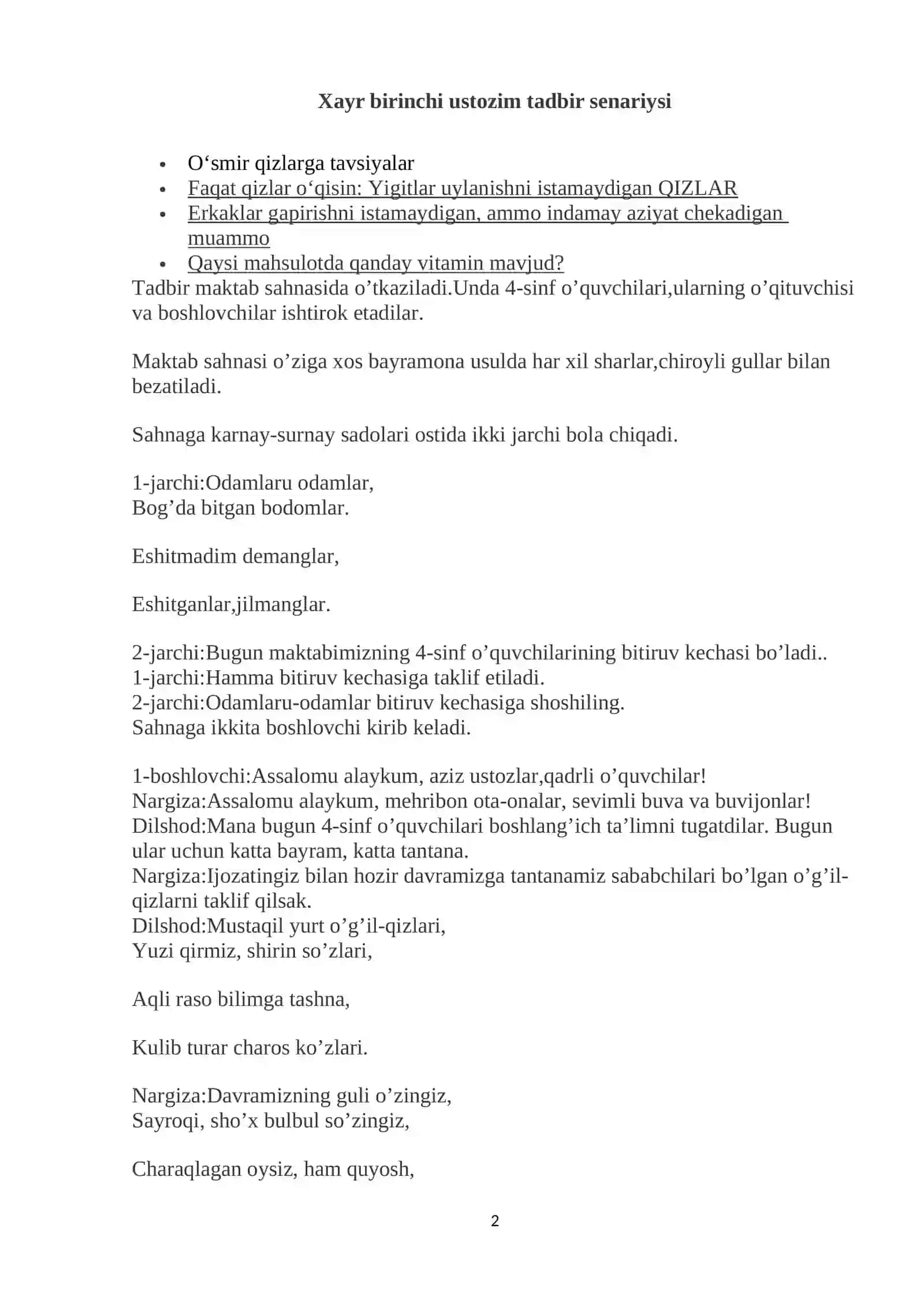 Xayr birinchi ustozim tadbir senariysi 2