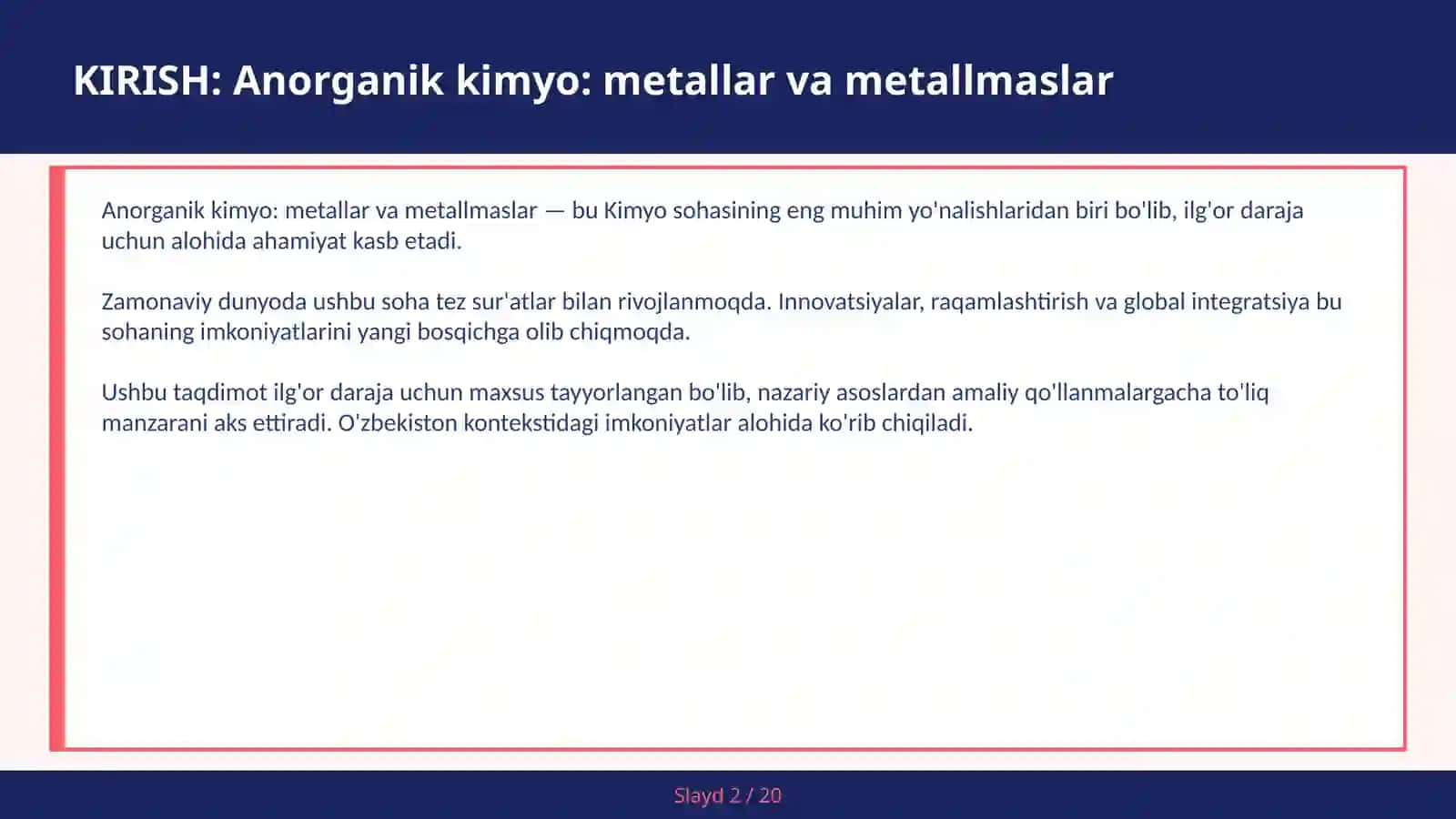 Anorganik kimyo: metallar va metallmaslar 2