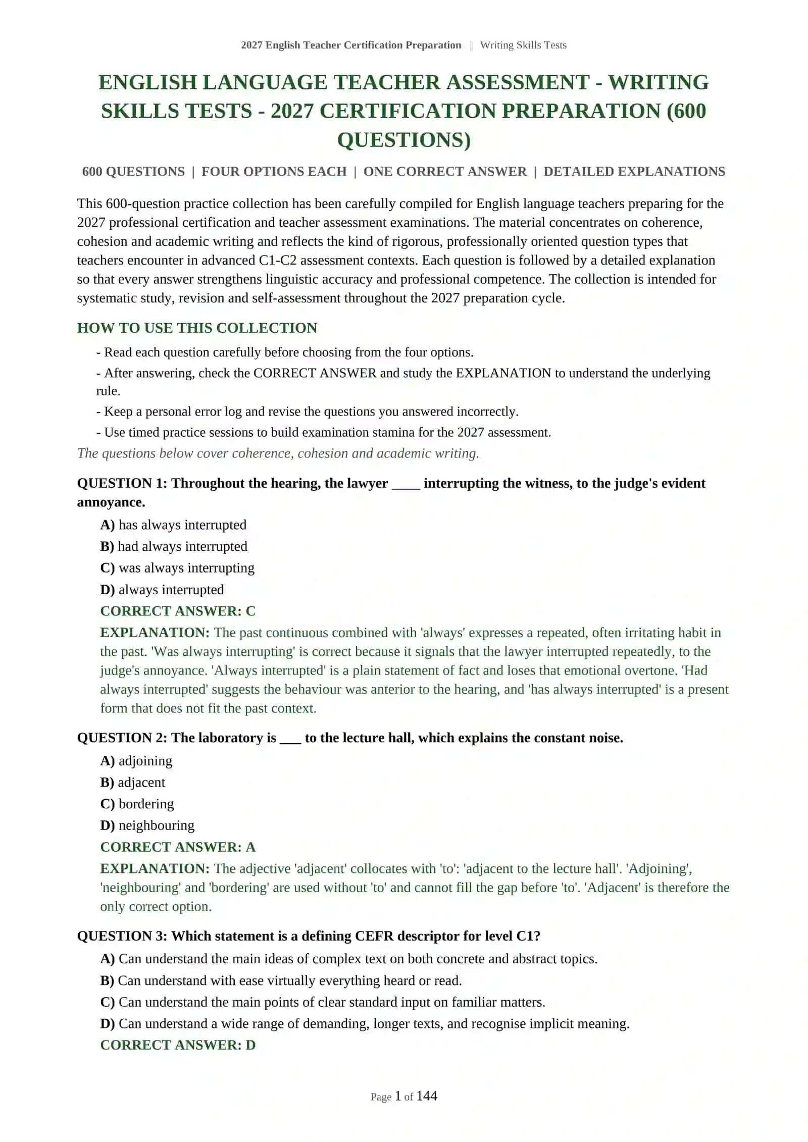 2027 English Teacher Certification Preparation | Writing Skills Tests 2