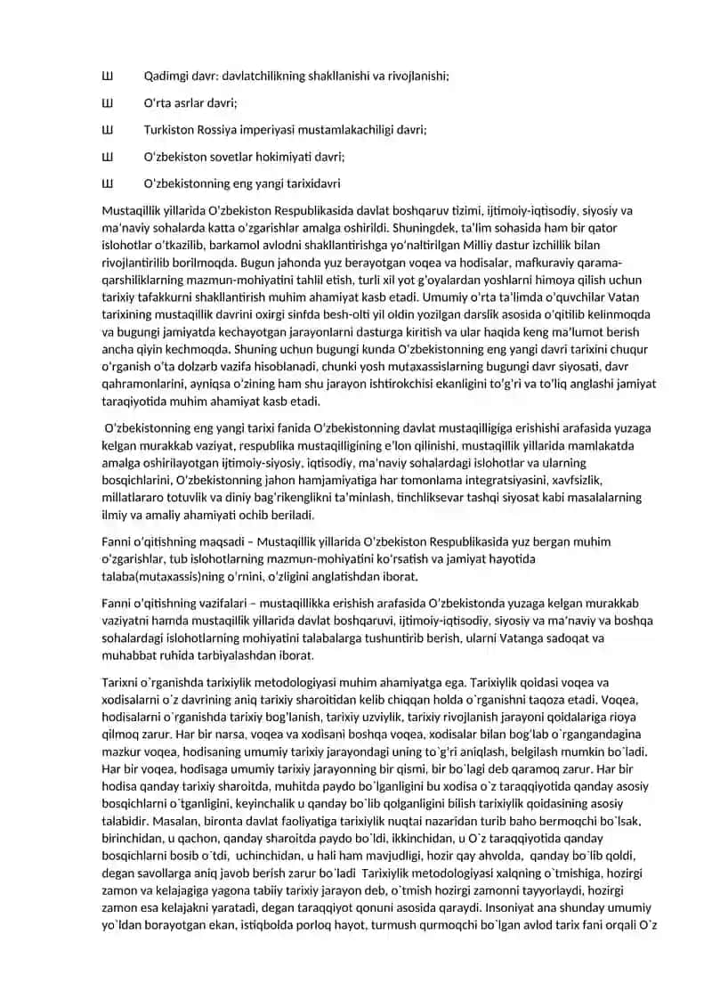 Oʼzbekistonning eng yangi tarixi” oʼquv fanining predmeti, maqsadi, vazifalari, nazar 2