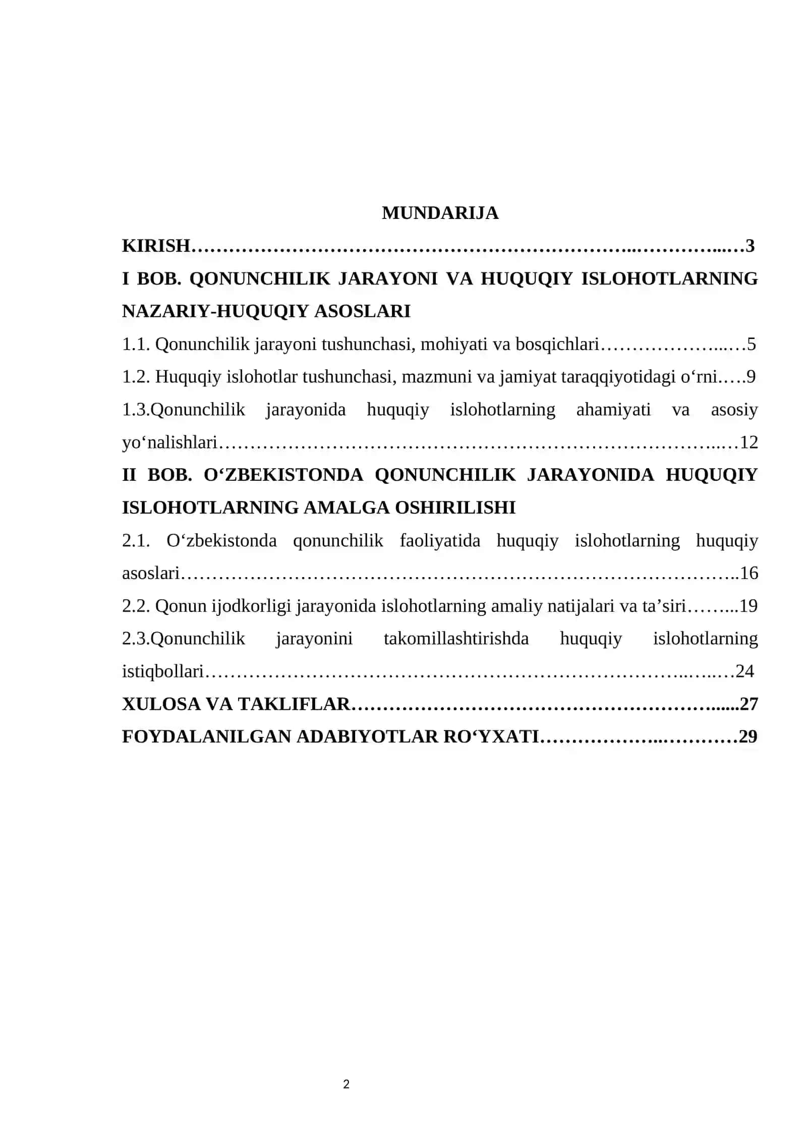 Qonunchilik jarayonida huquqiy islohotlarning ahamiyati kurs ishi 2