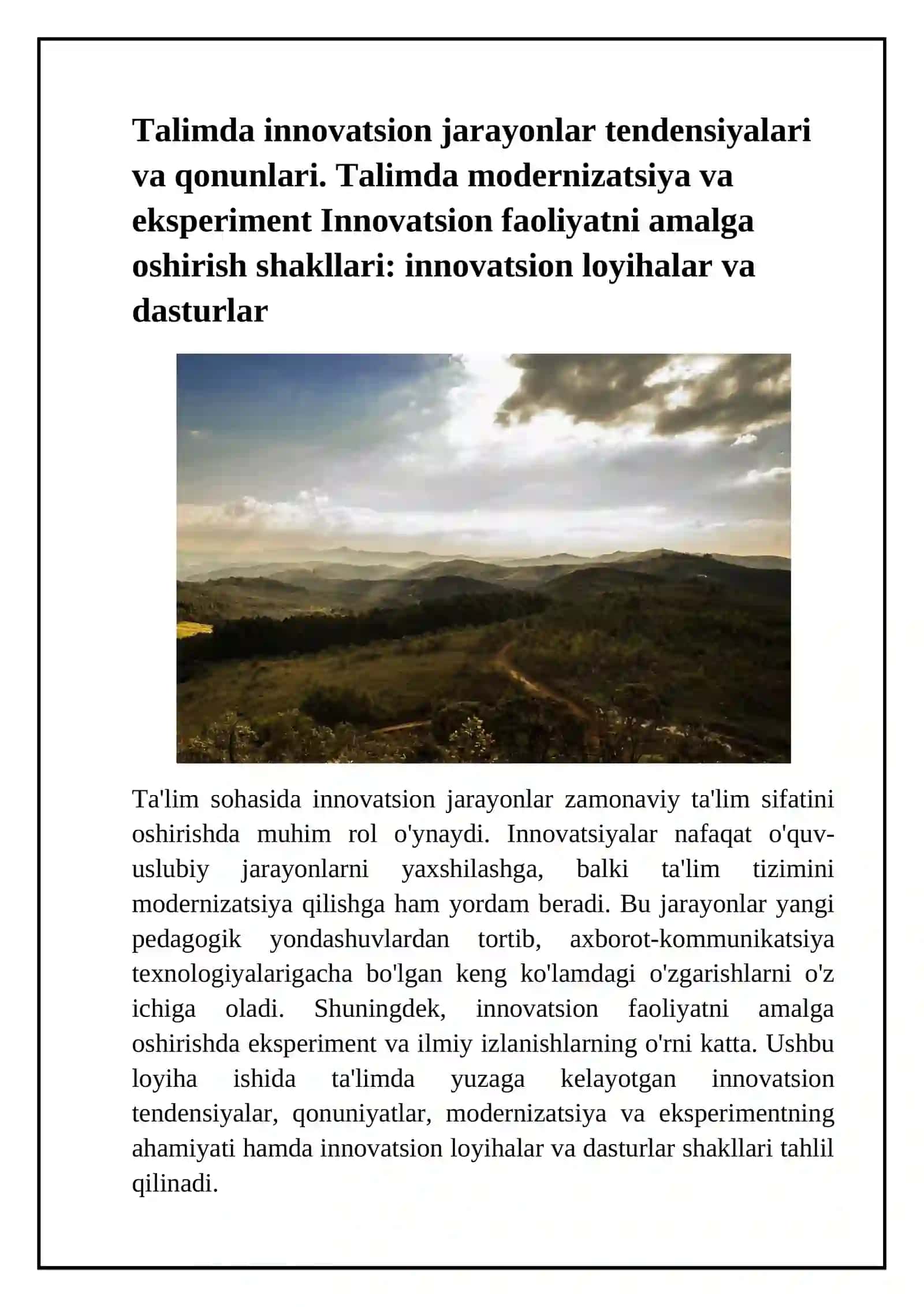 Talimda innovatsion jarayonlar tendensiyalari va qonunlari. Talimda modernizatsiya va eksperiment Innovatsion faoliyatni amalga oshirish shakllari: innovatsion loyihalar va dasturlar 2