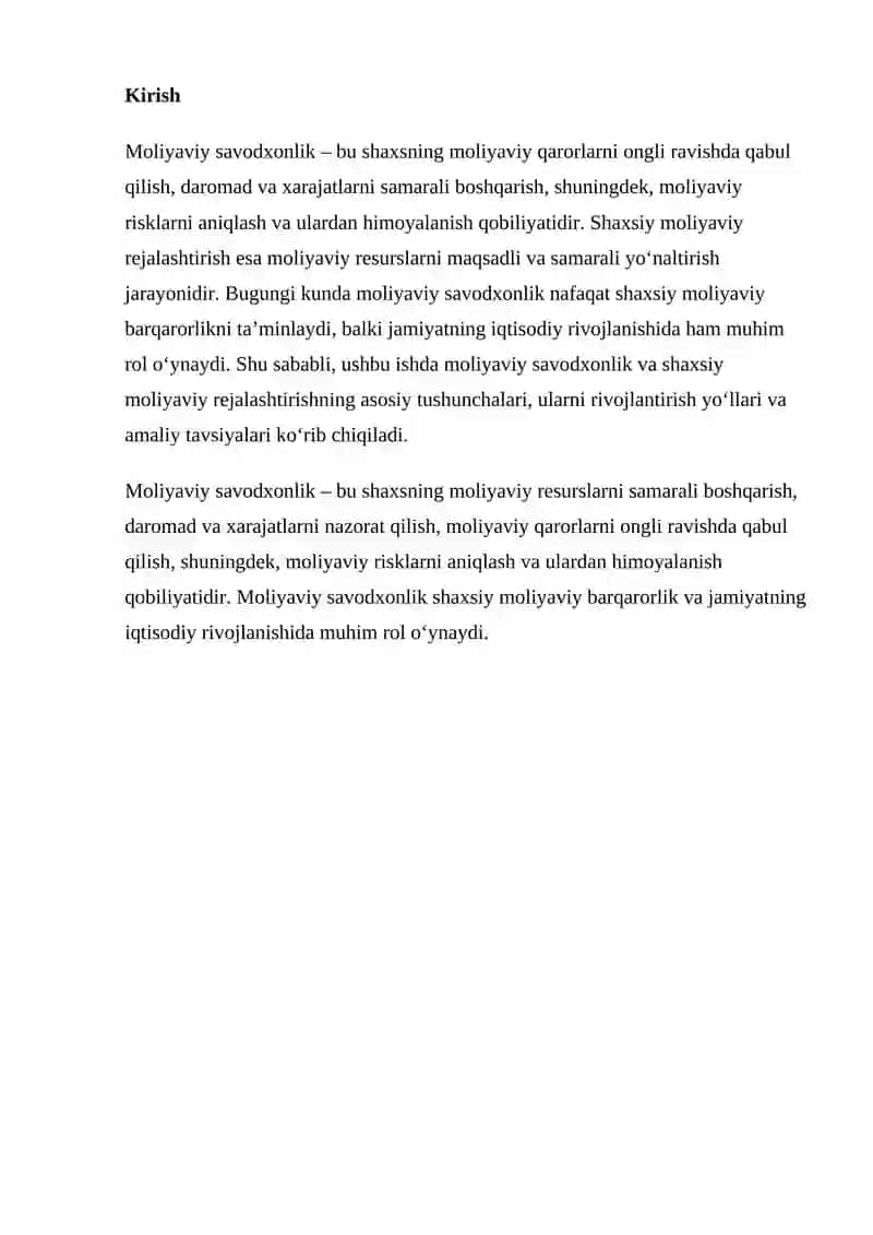 Moliyaviy Savodxonlik va Shaxsiy Moliyaviy Rejalashtirish Asoslari 2