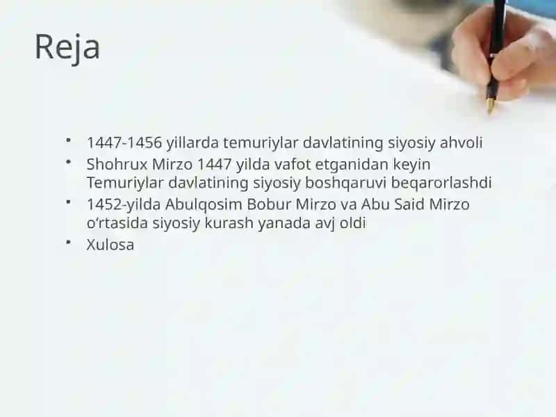Taqdimot  Mavzu: 1447-1456 yillarda temuriylar davlatining siyosiy ahvoli 2