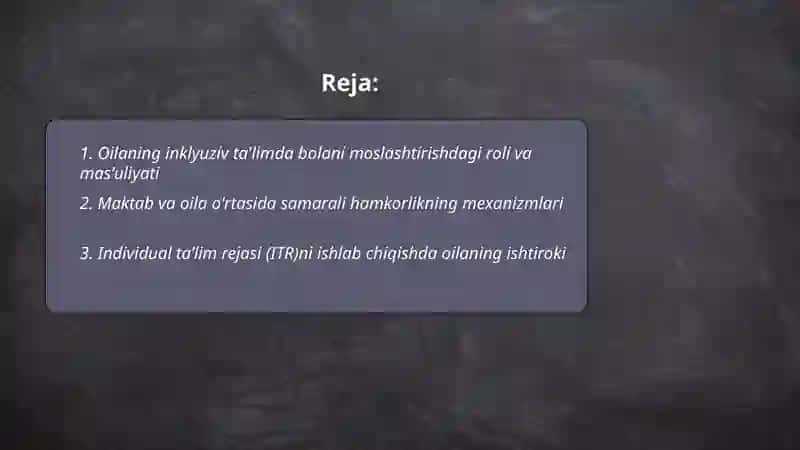 Aloxida yordamga muxtoj bolalar umumta'lim maktabi yoki maktabgacha tashkilotda inklyuziv ta'lim sharoitida oqishga moslashishida oila va maktabning o'rni 2