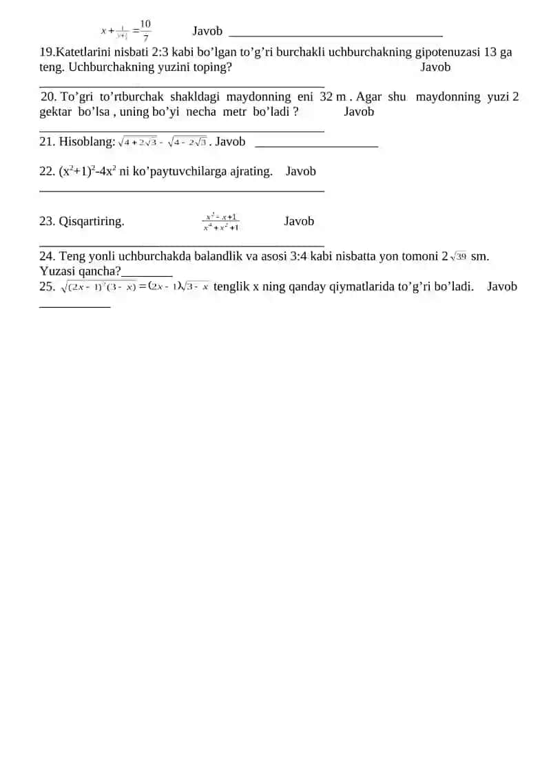Matematika 9- sinf test savollari 2