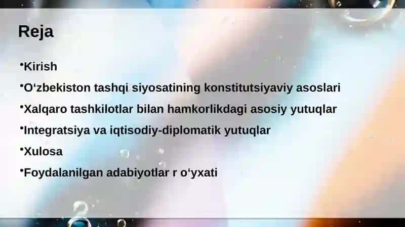 O‘zbekistonning xalqaro sohadagi yutuqlari 2