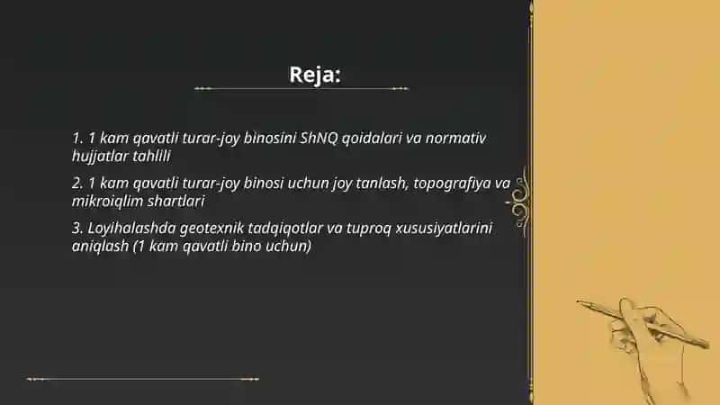 1 Kam qavatli turar-joy binosini ShNQ qoidalariga binoan tarxini loyihalash 2