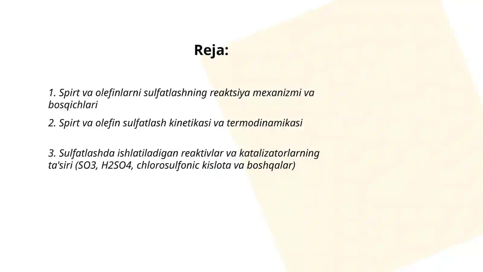 Spirt va Olefinlarni sulfatlash jarayonlarni tahlil qilish 2