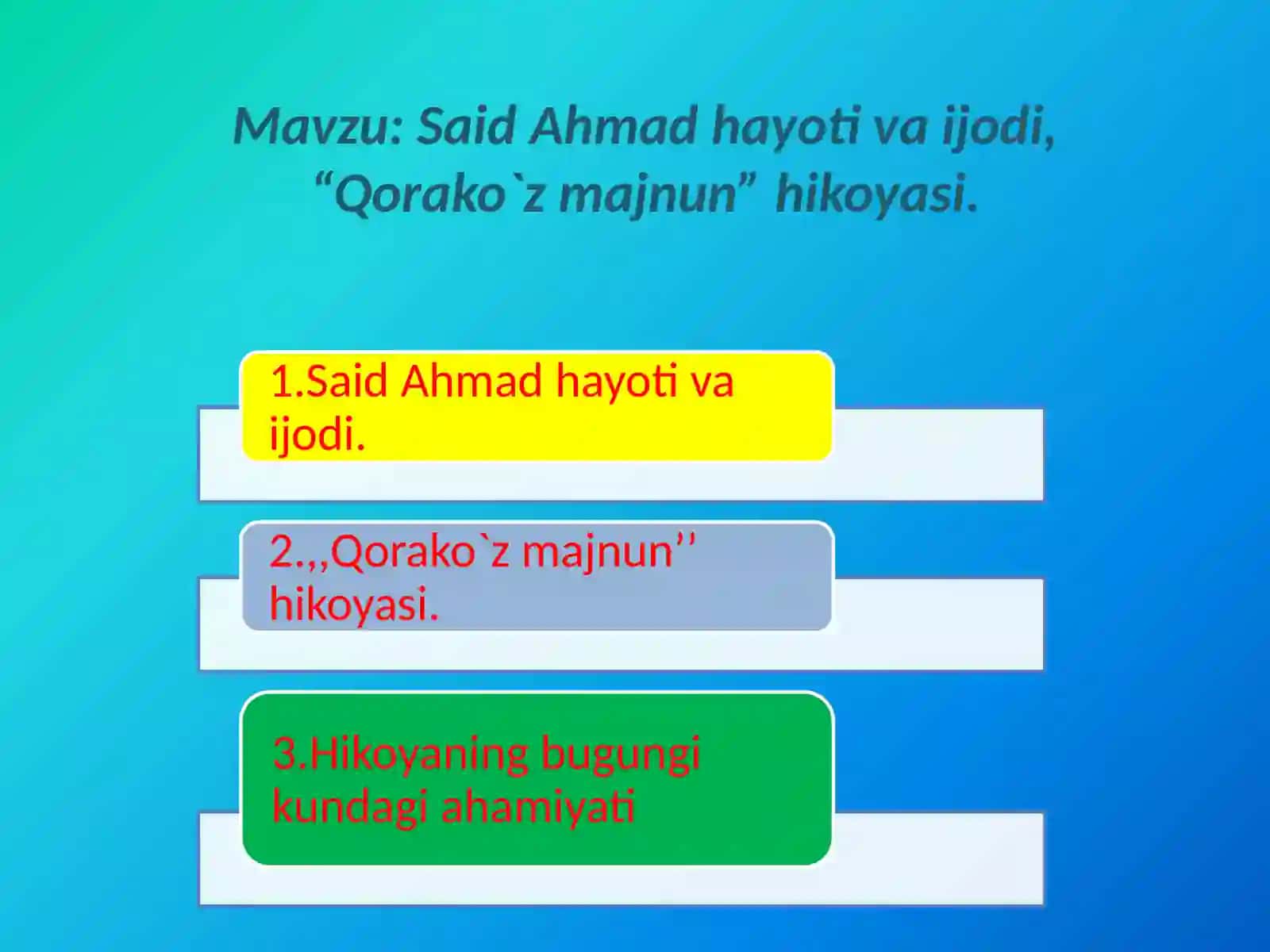 10-sinf Adabiyot fanidan Said Ahmad - Qorako'z Majnun asari dars taqdimot 2