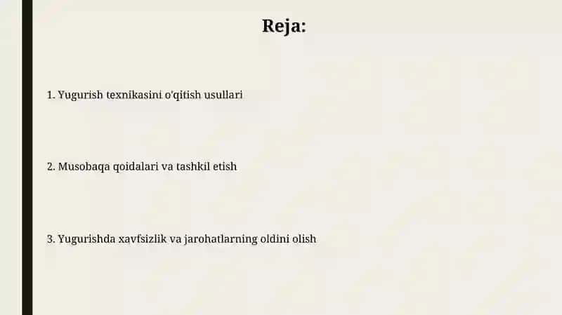 Yugurish texnikasini o'rgatish uslubiyati va musobaqa qoidalari 2