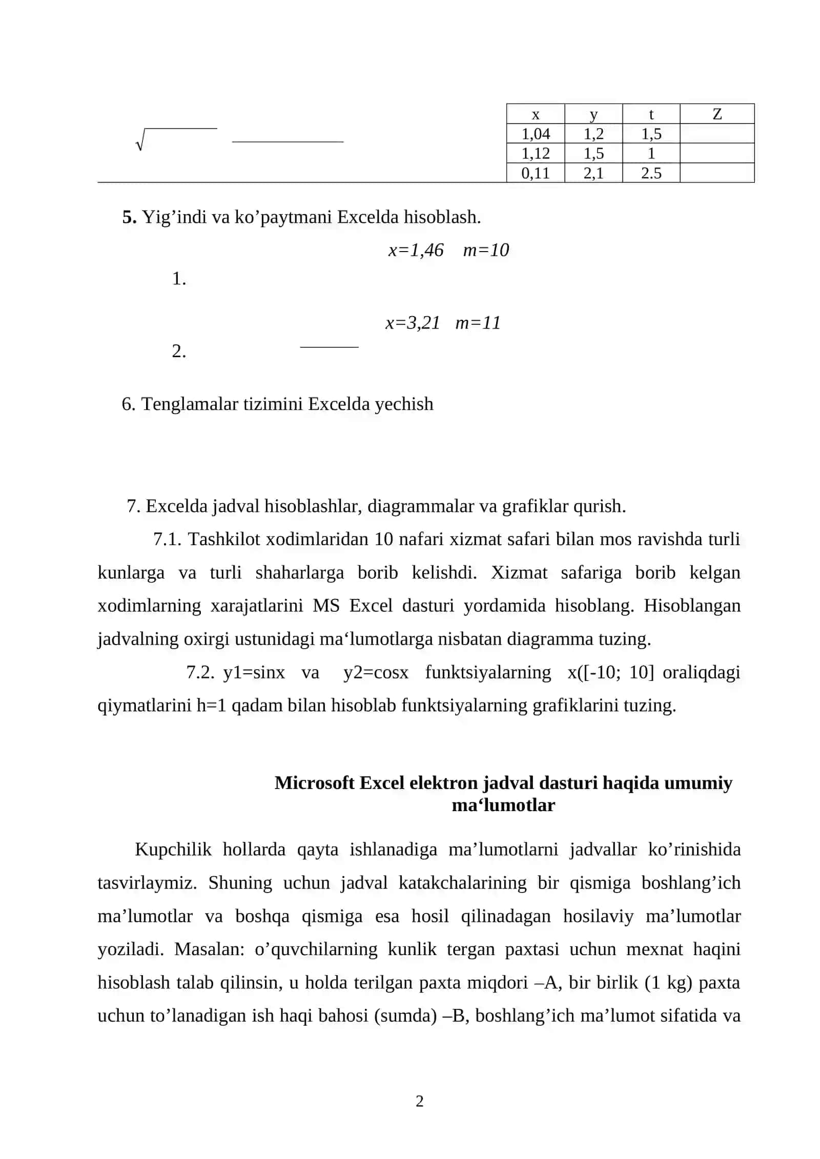 Excel dasturi yordamida iqtisodiy masalalarni matematik funksiyalari yordamida ishlash 2