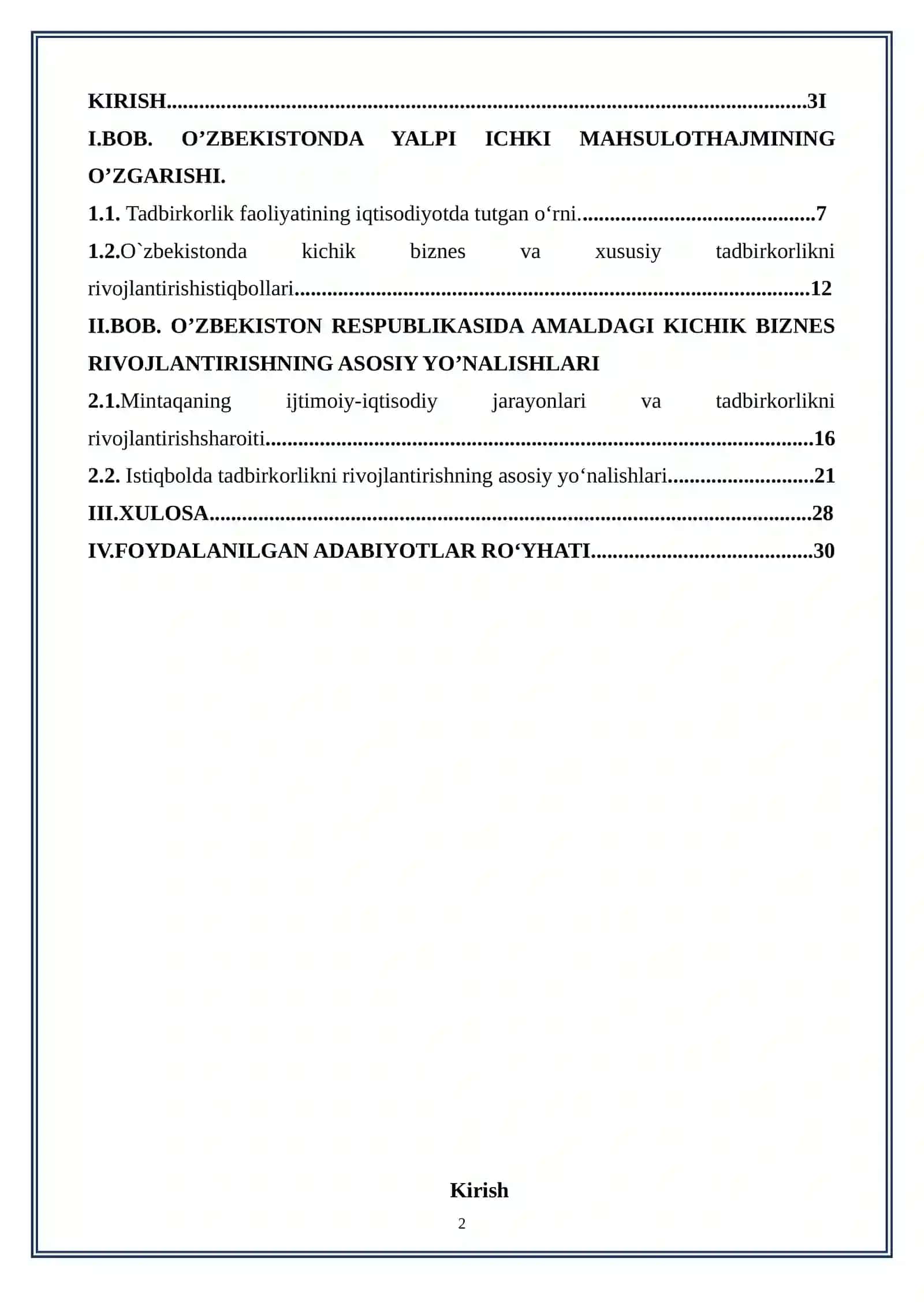 O’zbekiston Respublikasi kichik biznesni rivojlantirishning asosiy yo’nalishlari 2