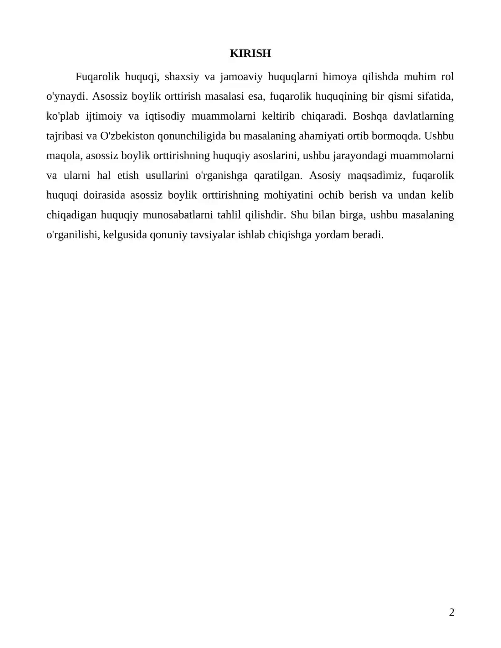 Fuqarolik huquqda asossiz boylik ortirish va uning natijalari 2