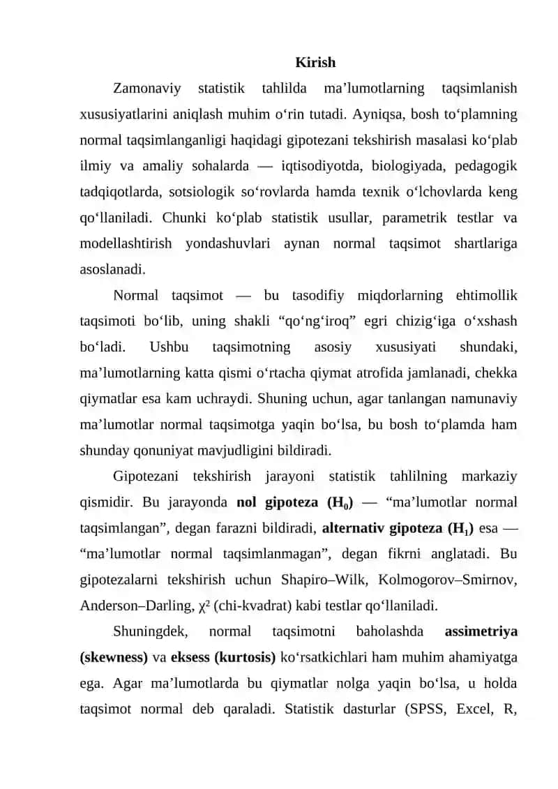 Bosh toʻplamning normal taqsimlanganligi haqidagi gipotezani tekshirish 2