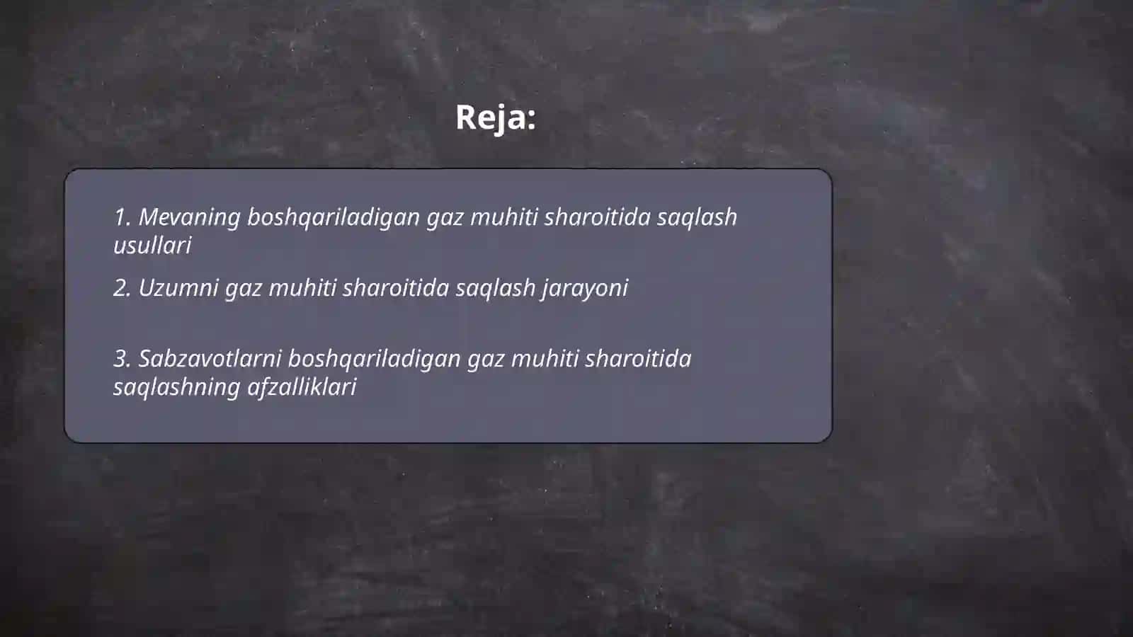 Meva, uzum va sabzavotlarni boshqariladigan gaz muhiti sharoitida saqlash 2