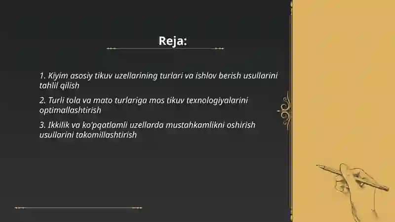 Kiyim asosiy uzellariga ishlov berish usullarini tahlil qilish va takomillashtirish 2