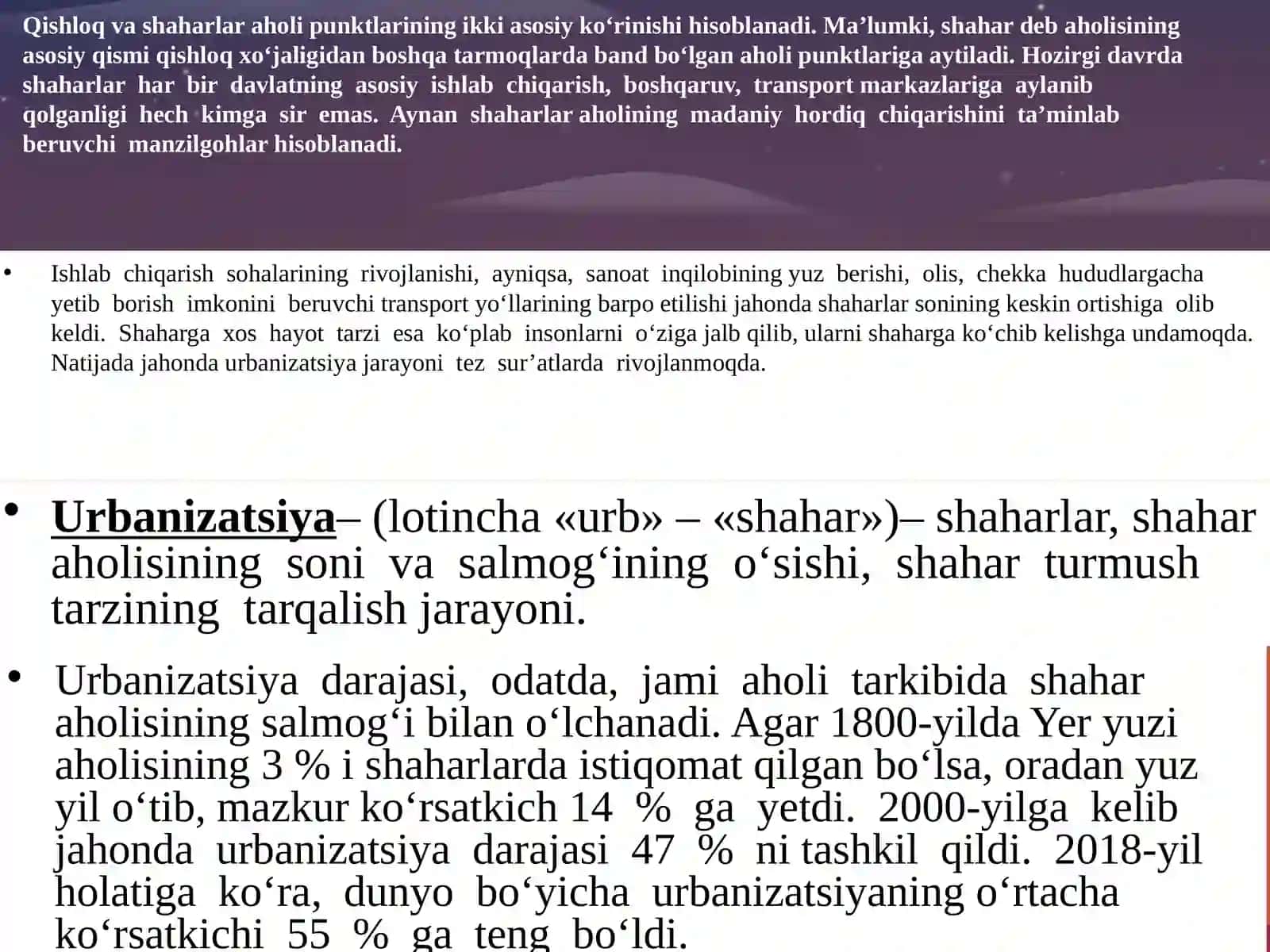 Jahon mamlakatlarining urbanizatsiyasi 2