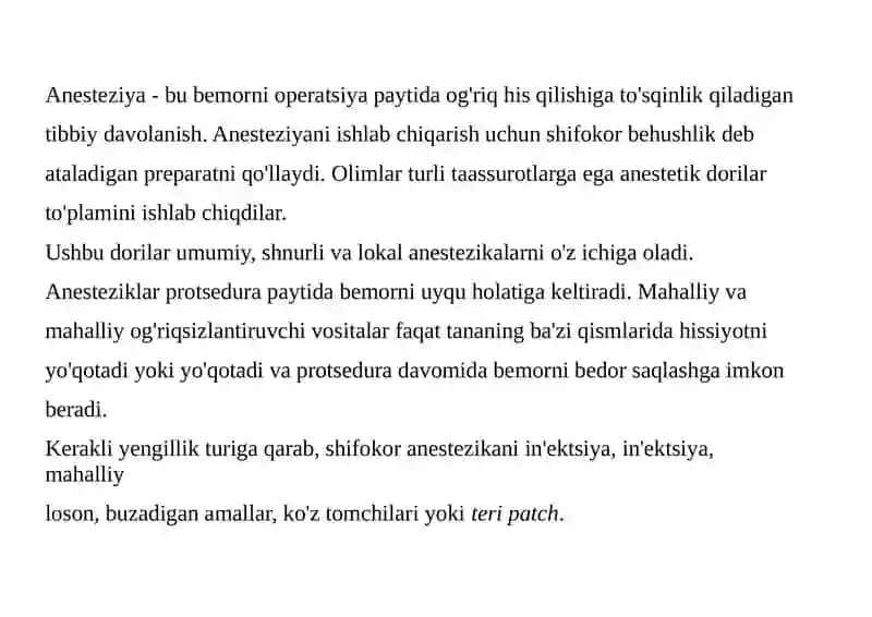 OG'RIQSIZLANTIRISH USULLARI, UMUMIY ANESTEZIYA 2