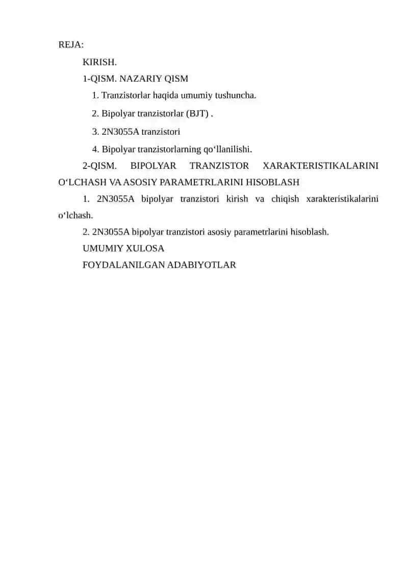 Bipolyar tranzistor xarakteristikalarini o‘lchash va asosiy parametrlarini hisoblash 2