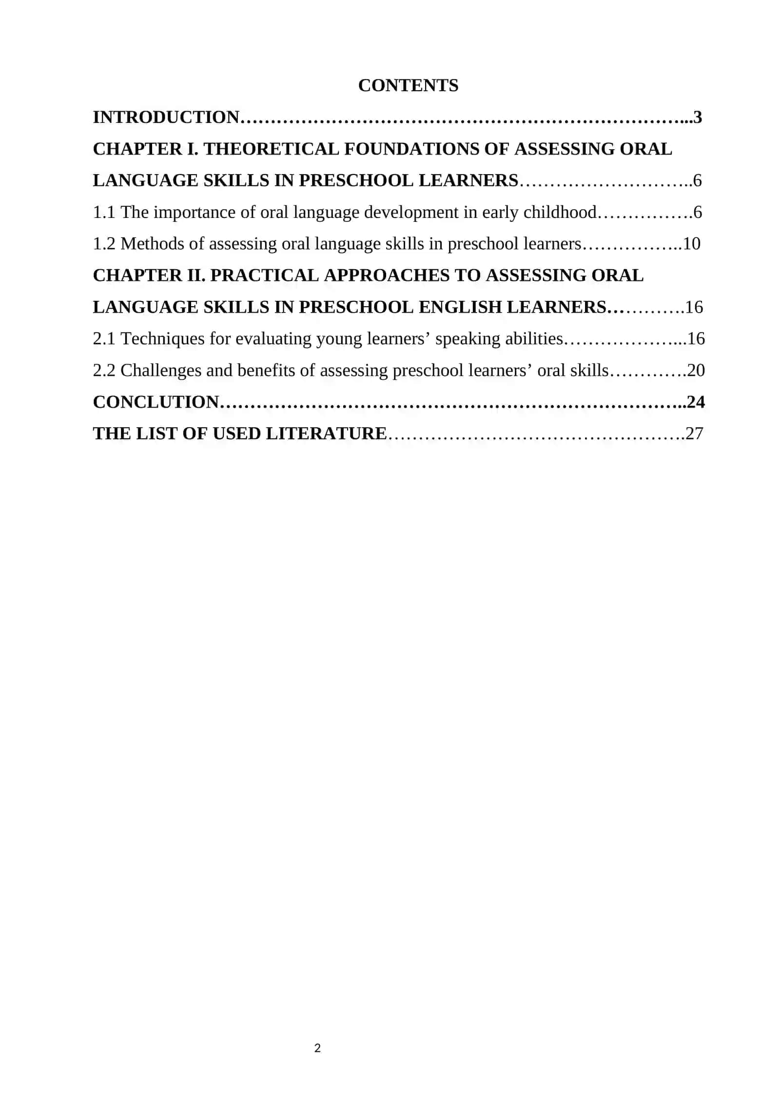 COURSE WORK THE THEME: ASSESSING ORAL LANGUAGE SKILLS IN PRESCHOOL ENGLISH LANGUAGE LEARNERS 2