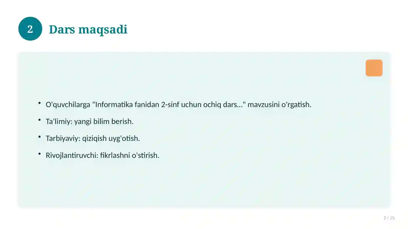 Informatika fanidan 2-sinf uchun ochiq dars ishlanmasi 2
