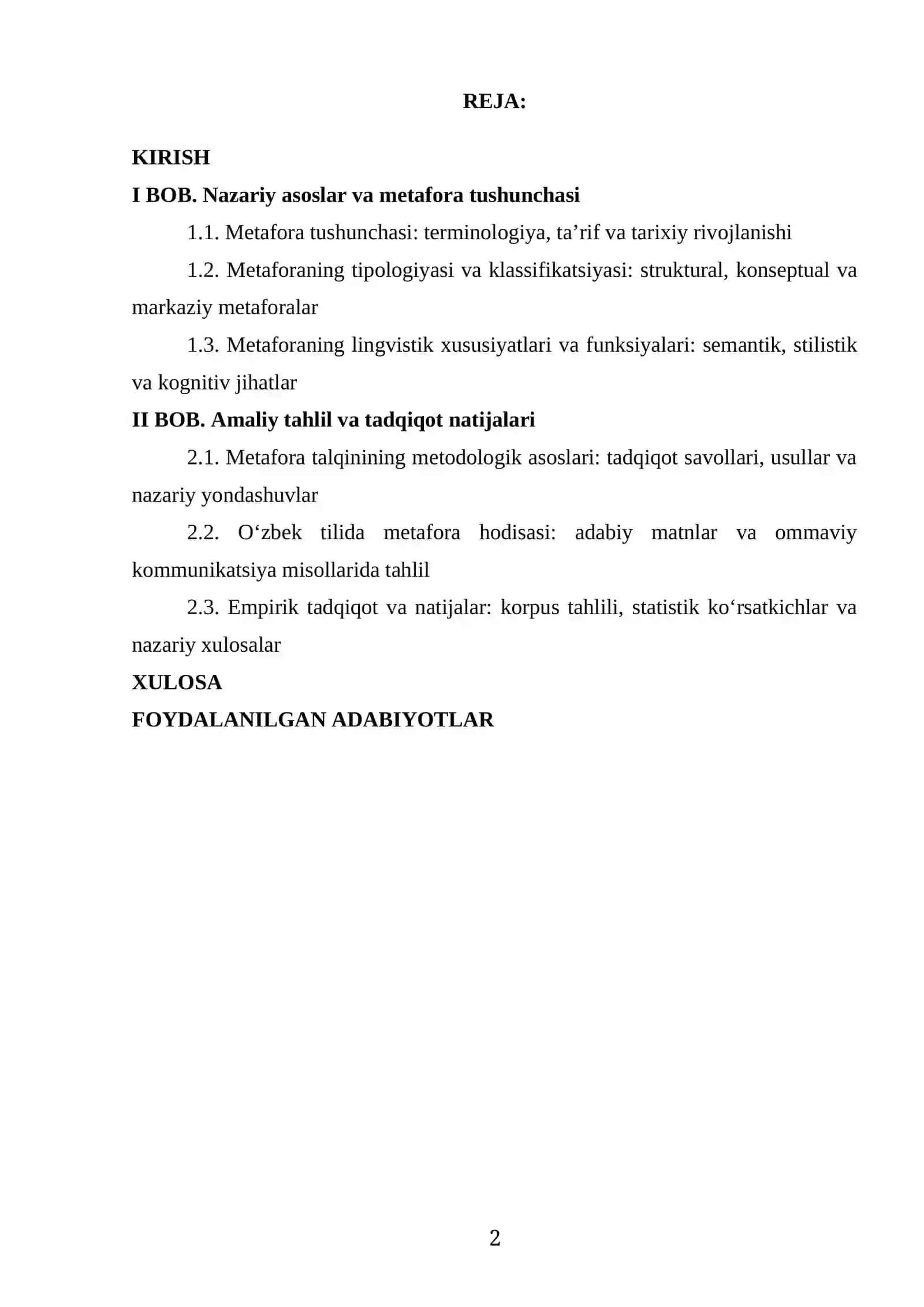 “O‘ZBEK TILSHUNOSLIGIDA METAFORA HODISASINING TALQINI” MAVZUSIDAGI TAYYOR KURS ISHI 2