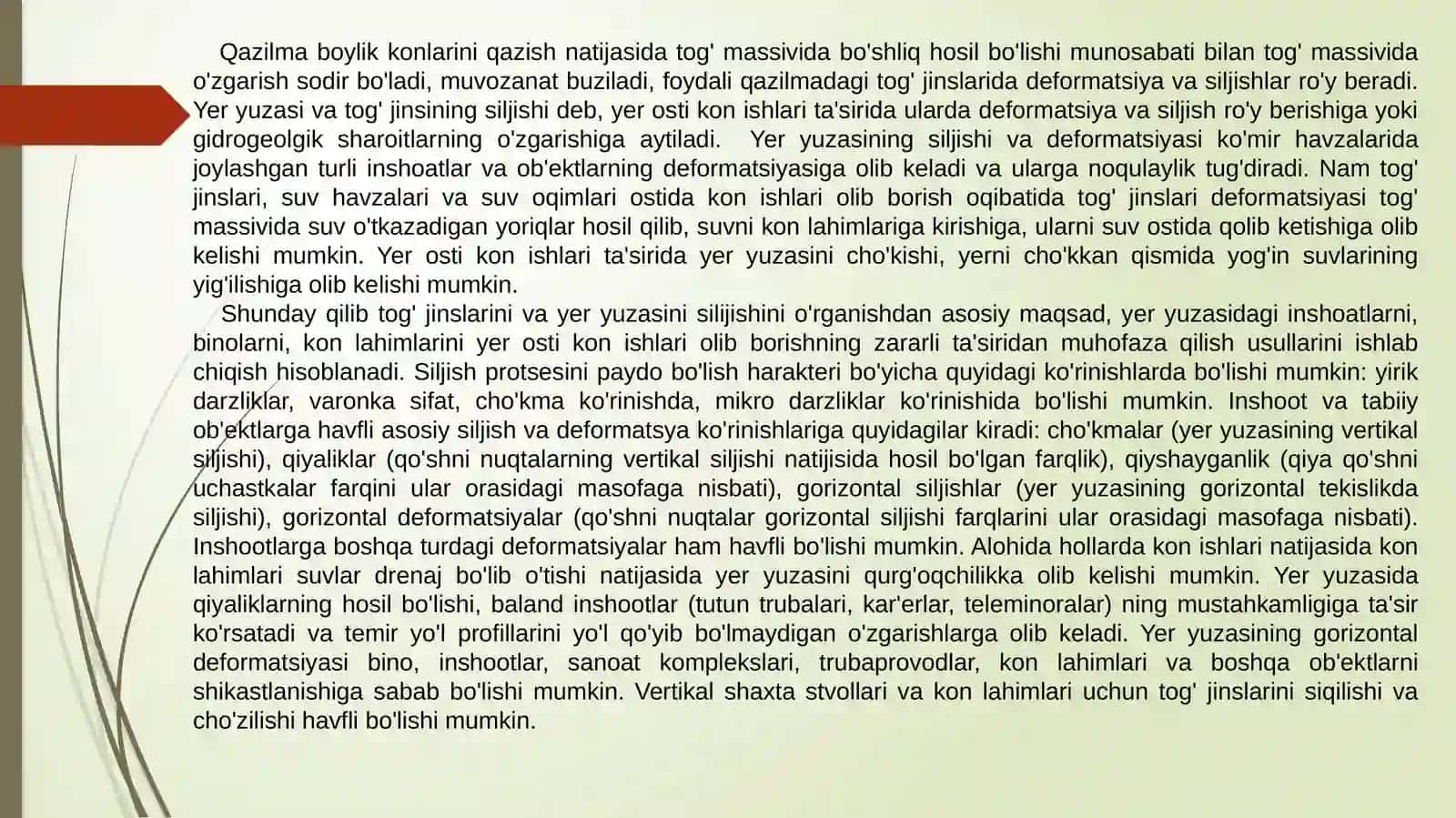 Konchilik ishlarining salbiy ta'sir natijasida tog' jinslari va yeryuzasini siljish muammolarini o'rganish masalalarini yechish 2