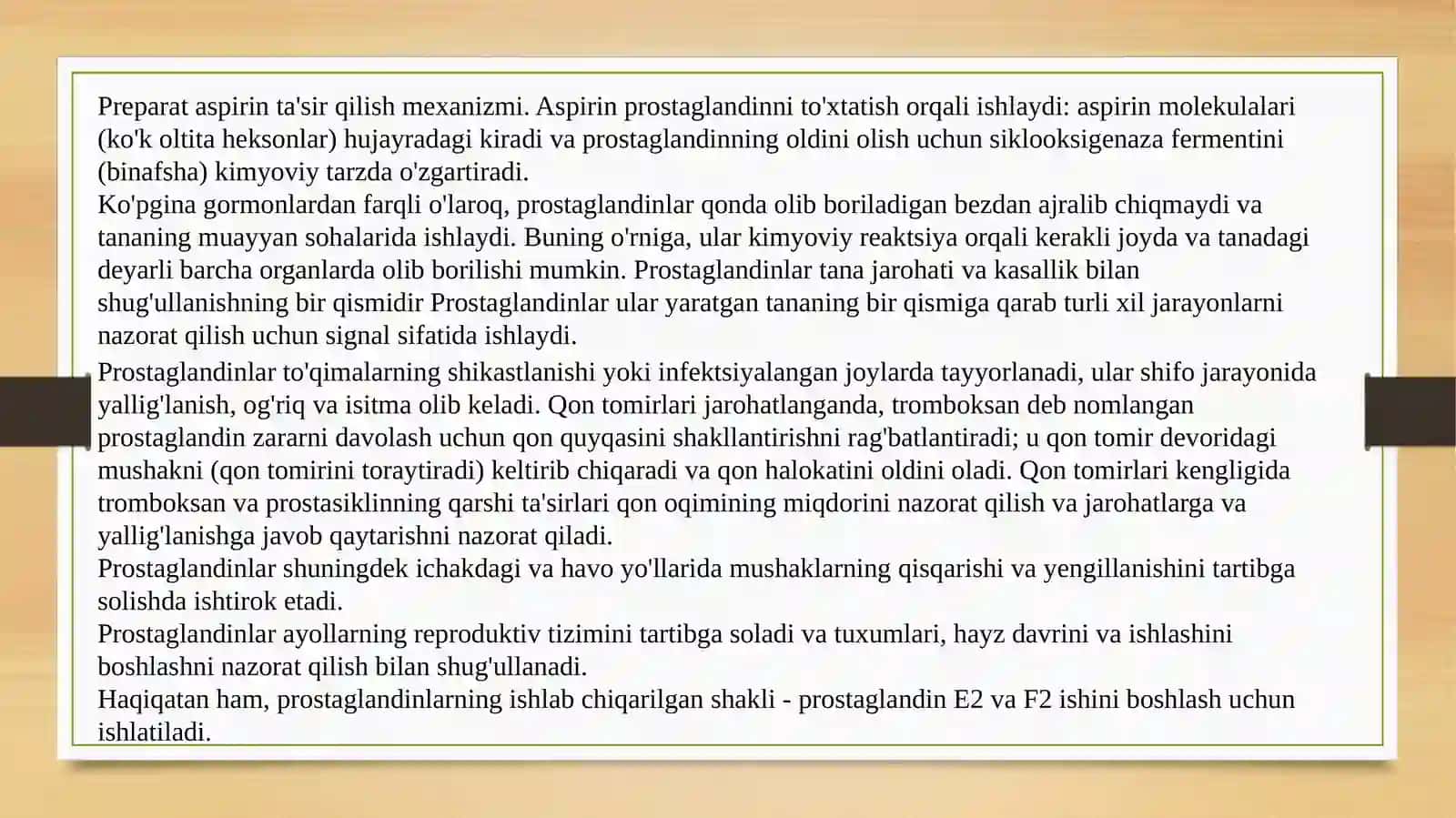 Garmonoidlar. Prostaglandinlar va ularning biologik ahamiyati 2
