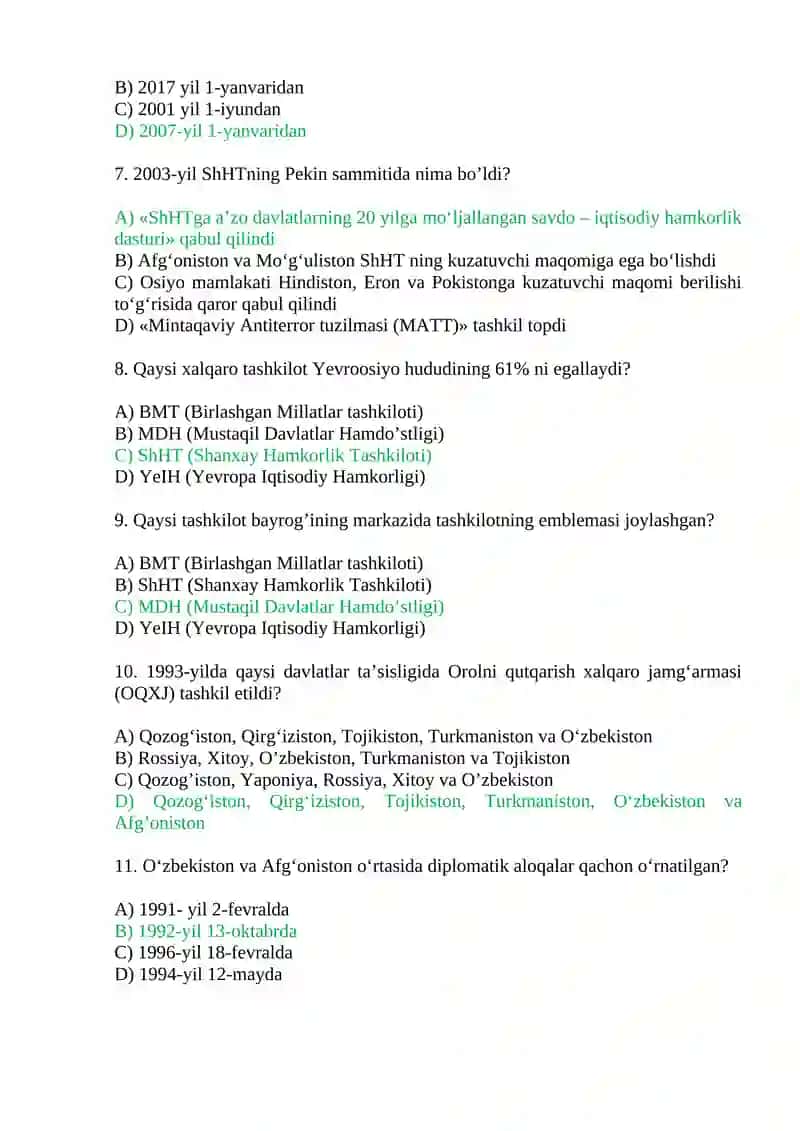 O‘zbekiston va jahon hamjamiyati Test savollari 2