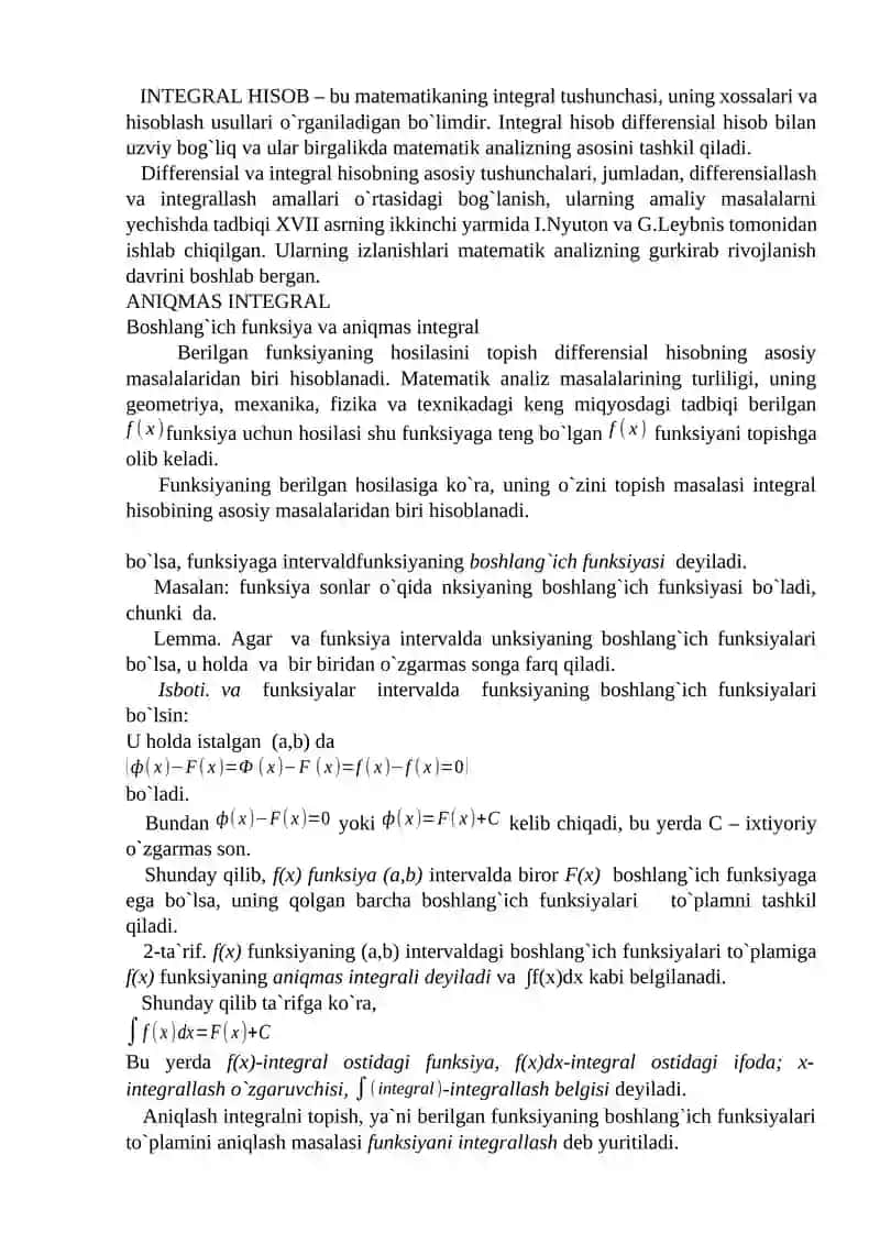 BIR O`ZGARUVCHI FUNKSIYANING INTEGRAL HISOBI 2