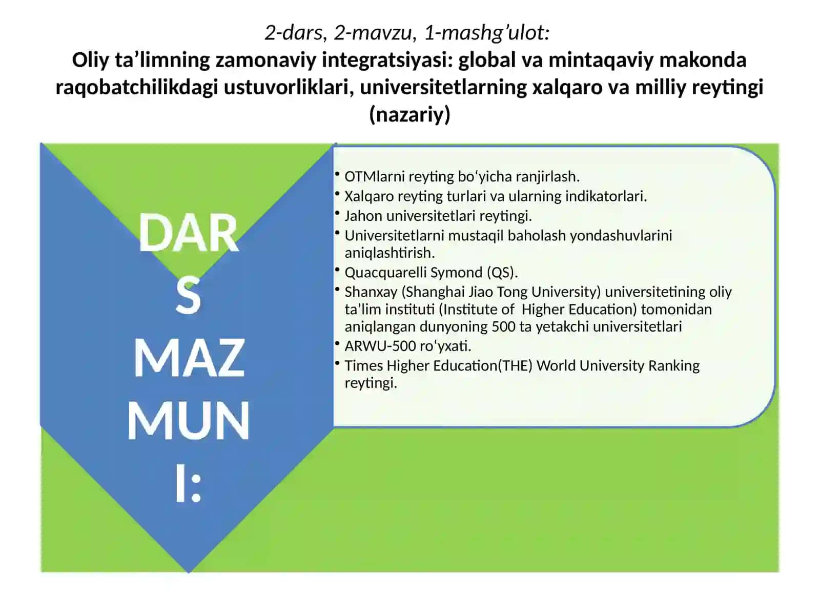 Oliy ta’limning zamonaviy integratsiyasi: global va mintaqaviy makonda raqobatchilikdagi ustuvorliklari, universitetlarning xalqaro va milliyreytingi(nazariy) 2
