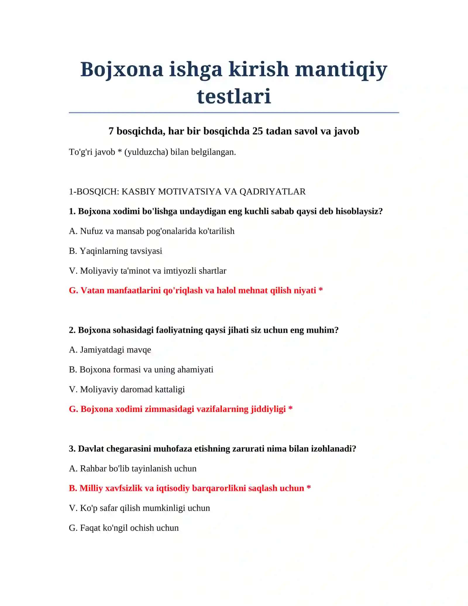 Bojxona ishga kirish mantiqiy testlari 2