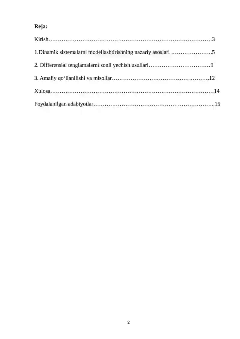 Dinamik sistemalarni modellashtirish uchun differensial tenglamalarni sonli yechish usullari 2