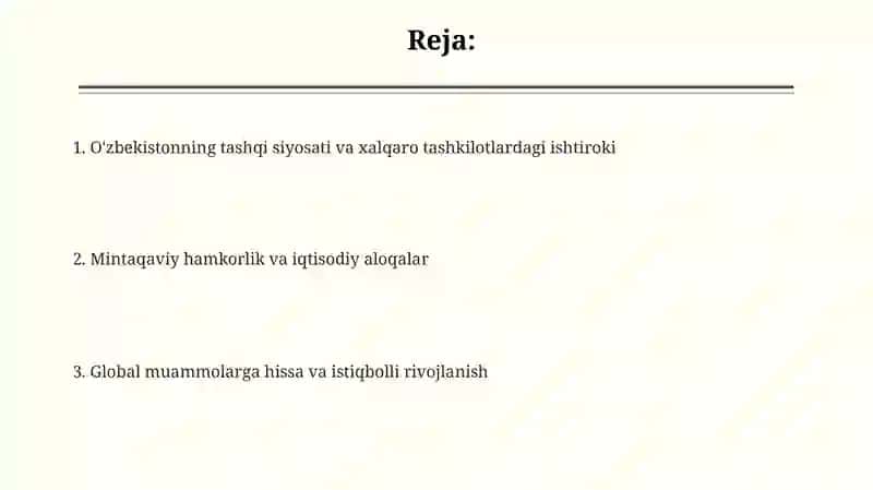 O'zbekistonning tashqi siyosati va xalqaro tashkilotlardagi ishtiroki 2