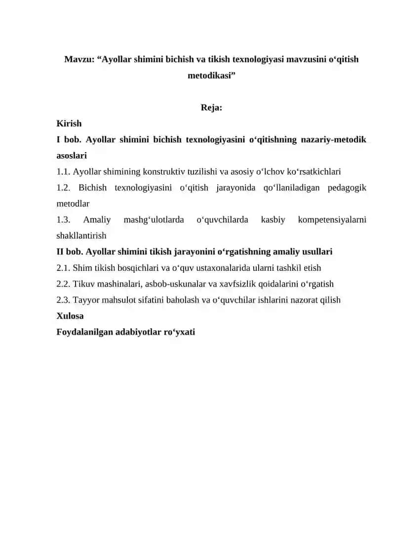 Ayollar shimini bichish va tikish texnologiyasi mavzusini oʻqitish metodikasi 2