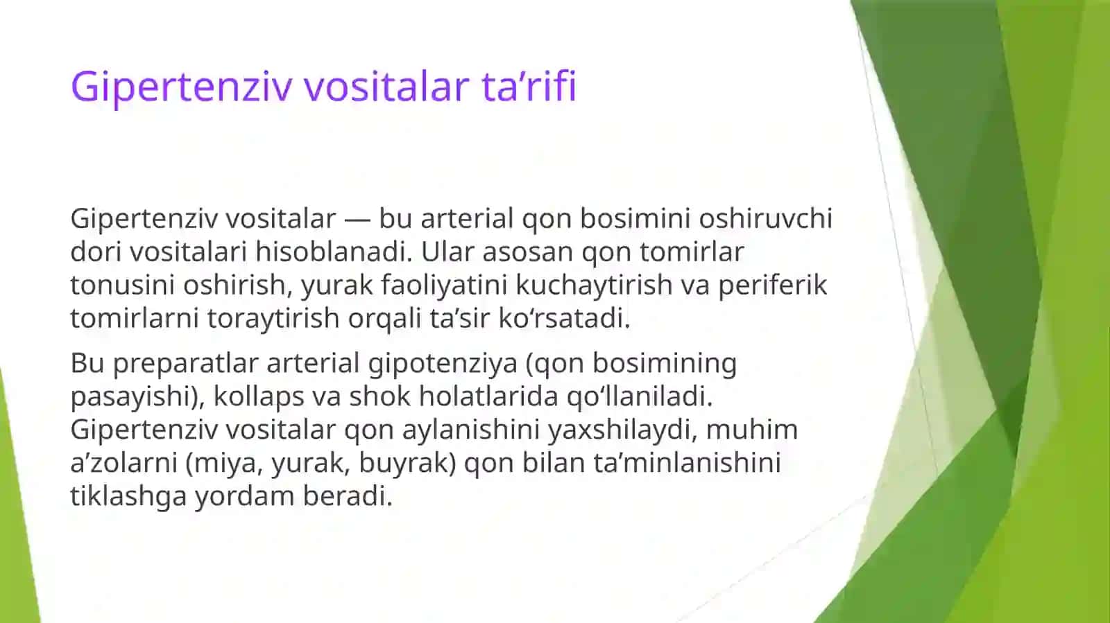 Gipertenziv vositalar va odam organizmi tonusini kuchaytiruvchi vositalar 2
