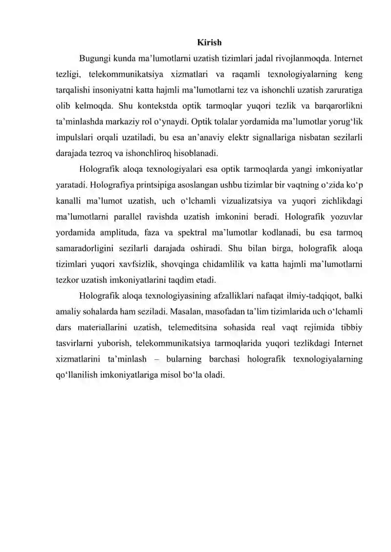 Optik tarmoqlarda holografik aloqa imkoniyatlari 2