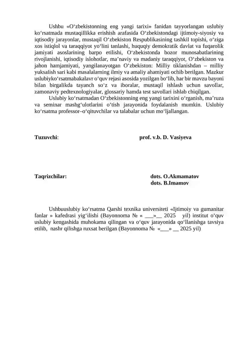 O‘zbekistonning eng yangi tarixi Fanidan Seminar Mashg’ulotlarni Bajrish Uchun Uslubiy Ko‘rsatma 2