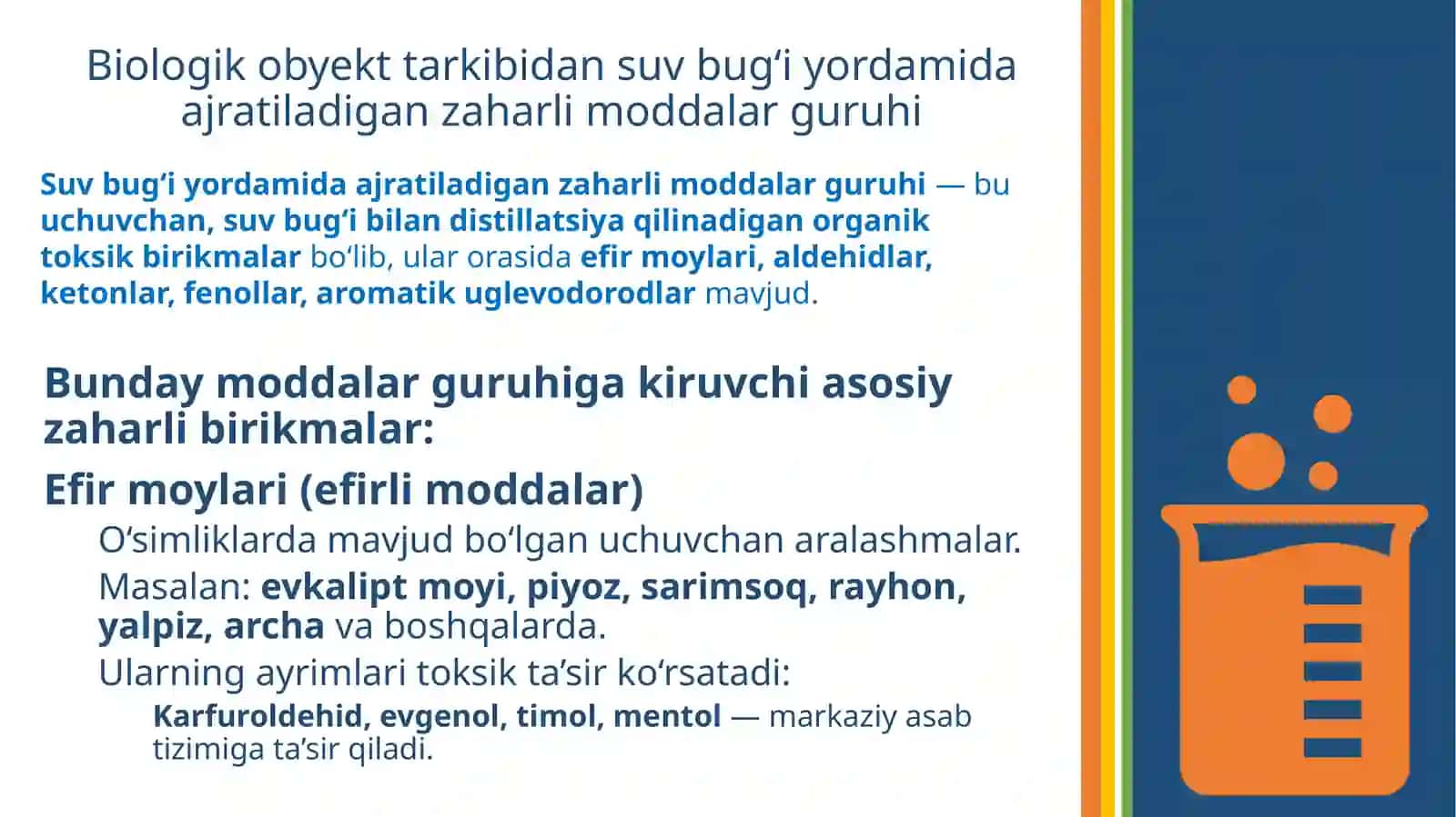 Biologik obyektlar kibidagi suv bug‘iyordamida ajratiladigan zaharli moddalarni toksikologik kimyodan 2