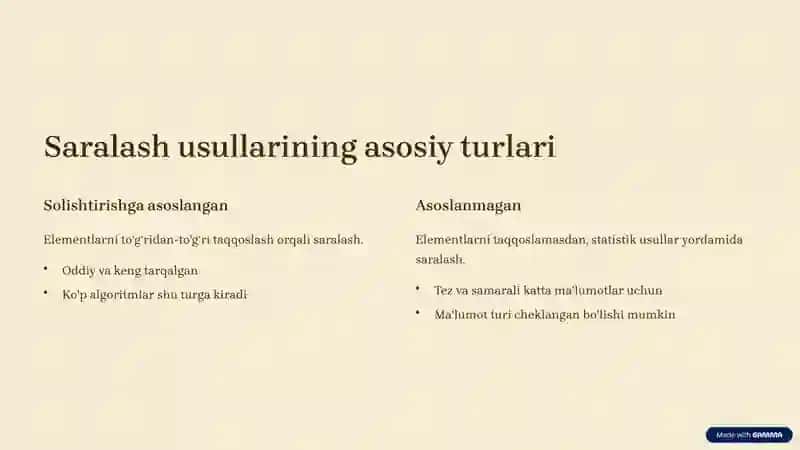 Ma'lumotlarni saralash usullarining tasnifi 2