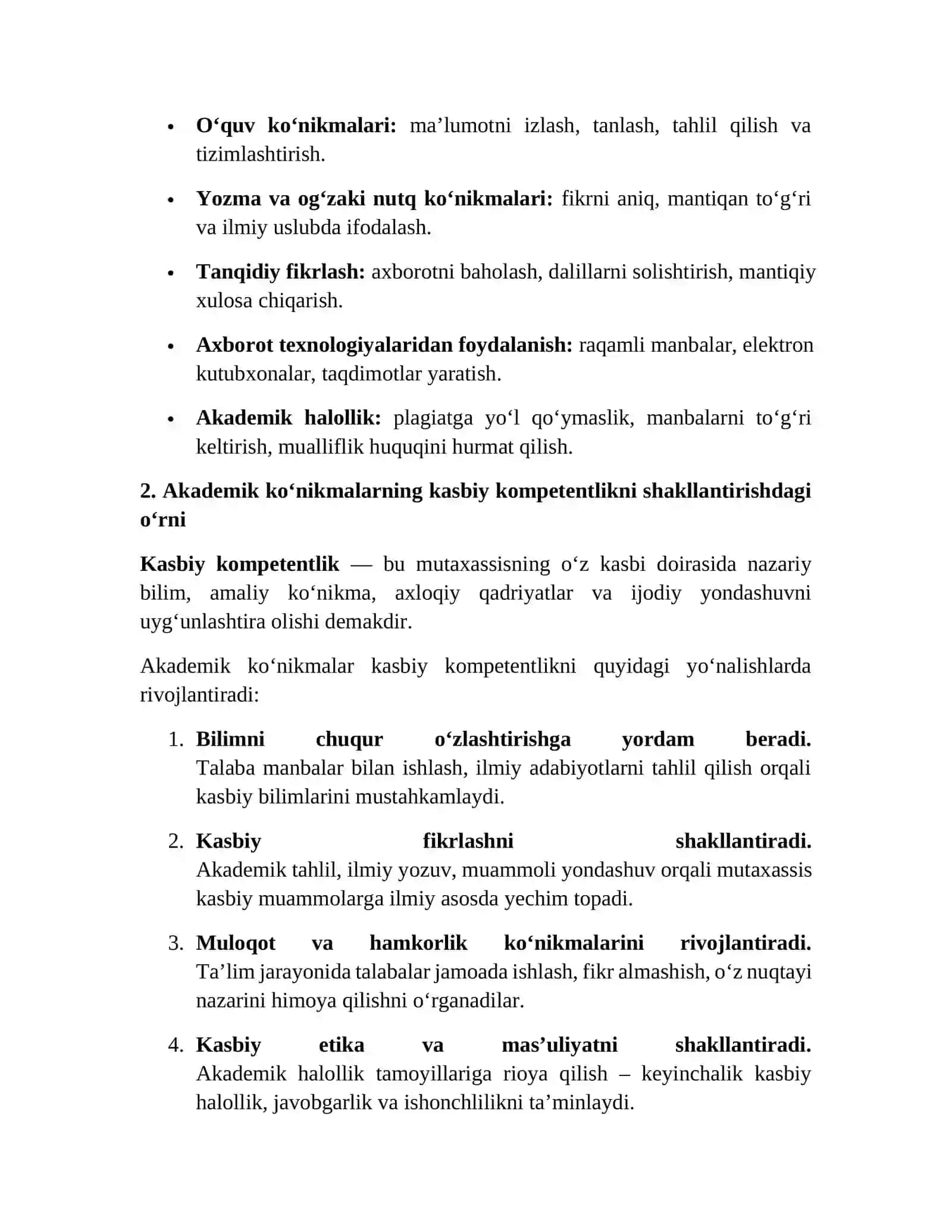 Akademik ko‘nikmalar va kasbiy kompetentlik 2