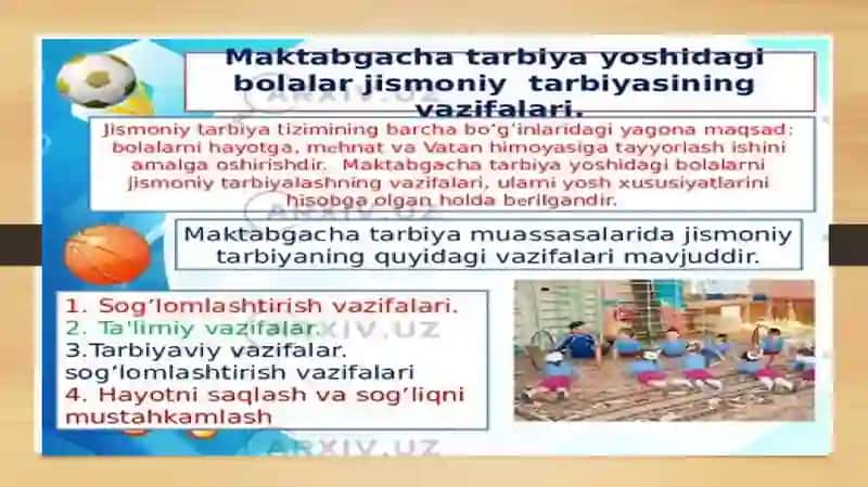 Maktabgacha yoshdagi bolalar jismoniy tarbiya nazariyasi 2