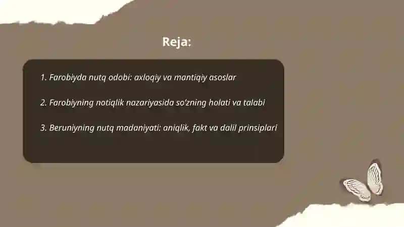 Sharqda notiqlik: Farobiy, Beruniy, Rumiy, Husayn Voiz Koshifiy, Navoiyning nutq odobiga doir qarashlari Turayeva Marjona 2