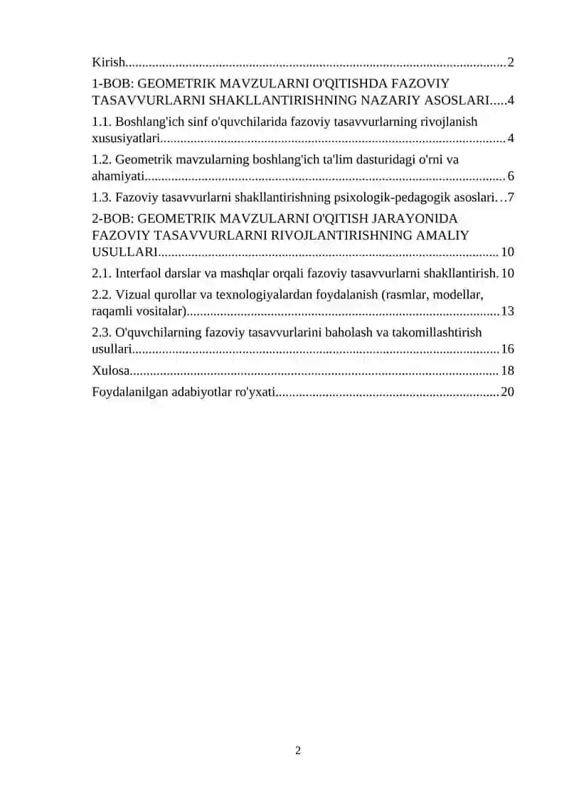 Boshlangʻich sinflarda geometrik mavzularni oʻqitish da oʻquvchilarning fazoviy tasavvurlarini shakllantirish. 2